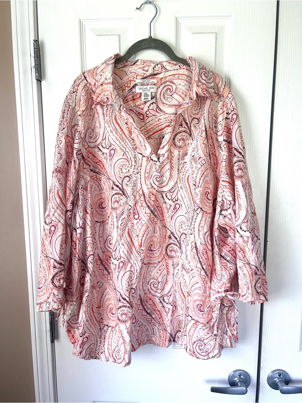 Rachel Zoe 100% Linen Paisley Button Front Tunic Shirt Plus Size 3X